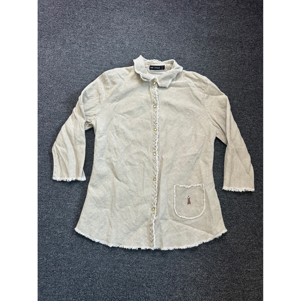 Cop Copine Pearl Snap Linen Blend Shirt Beige Womens Small Raw Fringe 3/4 Sleeve